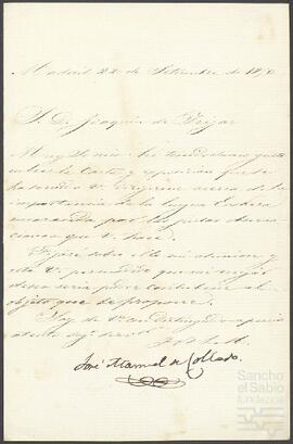 Carta de José Manuel de Collado dirigida a Joaquín de Yrízar.