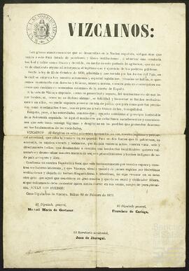 Bando de la Diputación de Vizcaya exhortando a los vizcaínos a permanecer fieles a la provincia.