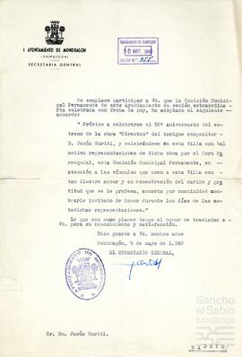 Comunicación del Ayuntamiento de Mondragón dirigida a Jesús Guridi.