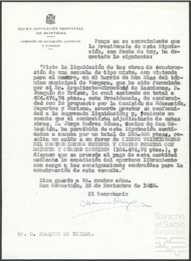 Oficios de la Comisión de Educación, Deportes y Turismo de la Diputación Provincial de Guipúzcoa dirigidos a Joaquín de Yrízar.