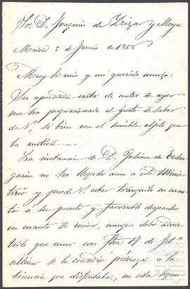 Carta de Juan Velasco dirigida a Joaquín de Yrízar Moya.