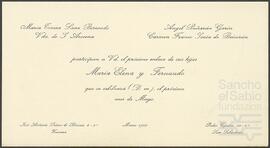 Participación, invitación y menú de la boda de María Elena Arocena Lanz y Fernando Beñarán Franco.