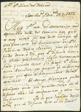 Carta de Martín de Abarizqueta dirigida a Juan de Yrízar Moya.