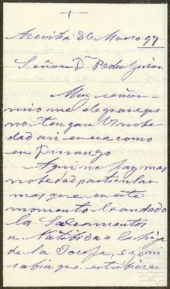 Carta de una tal Manuela dirigida a Pedro de Yrízar.