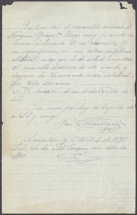 Carta de José Miriátegui dirigida a Pedro de Yrízar.