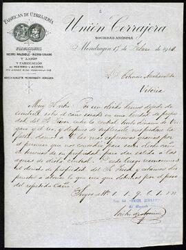 Carta de la Unión Cerrajera dirigida a Tiburcio Arechavaleta.