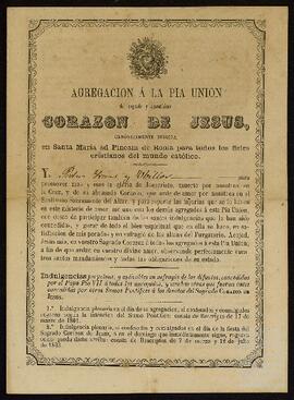 Agregación de Pedro de Yrízar Ubillos a la Pía Unión del Sagrado Corazón de Jesús de Santa María ad Pineam de Roma.