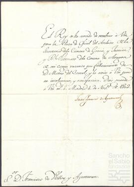 Oficio de Juan Ignacio de Ayestarán dirigido a Francisco de Ubillos.