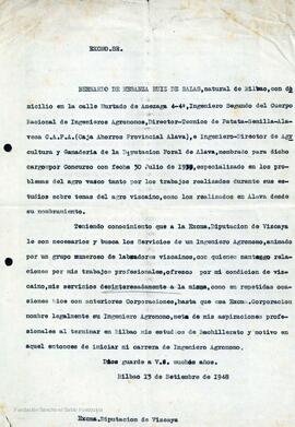Carta de Bernardo de Mesanza dirigida a la Diputación de Vizcaya.