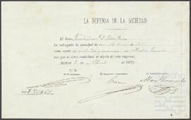 Recibo otorgado en favor de Pedro de Yrízar por la suscripción a la revista La Defensa de la Sociedad.