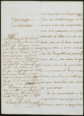 Carta de Joaquín de Yrízar Moya dirigida al alcalde de Anzuola.