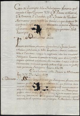 Rescripto pontificio de indulgencia plenaria concedida a Vicente María, Antonio, Joaquín e Ignacio de Alcíbar.