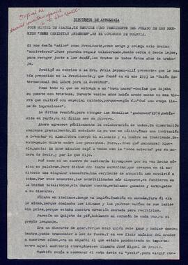 Discurso de Felisa Sanz titulado 'José Miguel de Azaola, se despide como Presidente del Jurado de los Premios Hans Christian Andersen'.