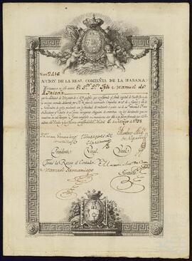 Acciones de la Real Compañía de La Habana a nombre de José Manuel de Yrízar Yun-Ibarbia.