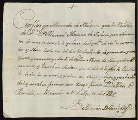 Recibo a favor de Manuel Tomás de Yrízar Zabala por el pago de alimentos a Manuela de Idiáquez.