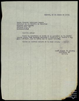 Carta de José Miguel de Azaola Urigüen a Vicente Rodríguez Casado.