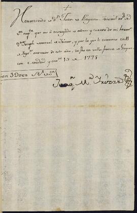 Recibo a favor de José Manuel de Yrízar Yun-Ibarbia por entregar a su hermano Joaquín María cierta cantidad de dinero.