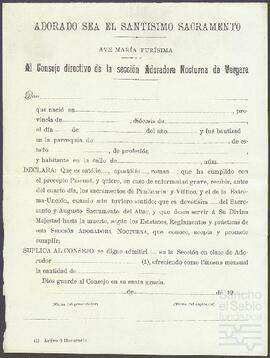 Formulario para la admisión en la Sección Adoradora Nocturna de Vergara.