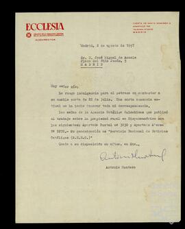 Correspondencia entre José Miguel de Azaola Urigüen y la dirección de la revista Ecclesia.