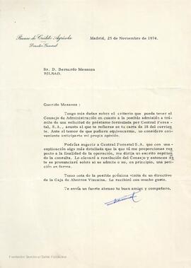 Carta del Director General del Banco de Crédito Agrícola dirigida a Bernardo de Mesanza.