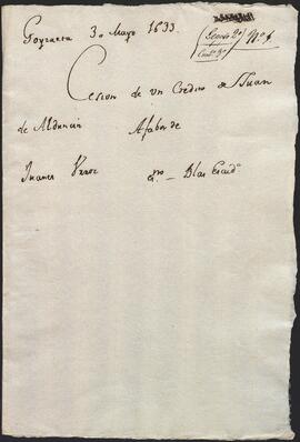 Cesión de un crédito otorgado por Juan de Alduncín en favor de Juan de Urroz.