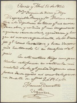 Carta de Manuel Demetrio de Urquizu dirigida a Joaquín de Yrízar.