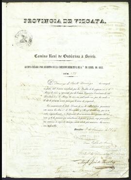 Acciones del Camino Real de Ondárroa a Bérriz a nombre de Domingo de Santo Domingo.