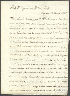 Carta de Baltasar Vicente de Urdangarín dirigida a Joaquín de Yrízar Moya.