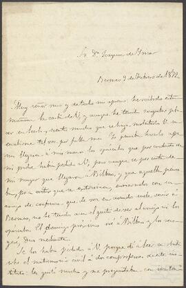 Carta de Luis María Eleizalde dirigida a Joaquín de Yrízar.