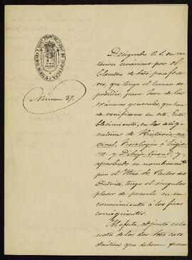 Designación de Joaquín de Yrízar Moya para juez de los exámenes generales del Real Seminario de Vergara e Instituto Provincial de Segunda Enseñanza de Guipúzcoa.