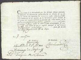 Aviso del Ayuntamiento de Ezquioga dirigido a Joaquín de Yrízar para el pago de la contribución sobre la propiedad territorial para los gastos del cordón sanitario para la prevención del cólera.