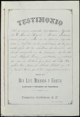 Testimonio de la hijuela de Manuel Miquel Yrízar de los bienes que quedaron por muerte de Manuel Miquel Lucuix.