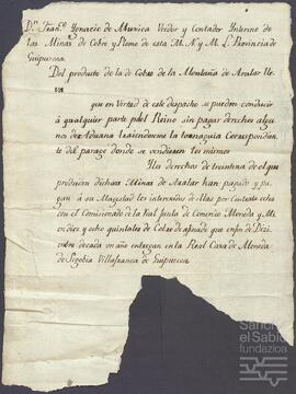 Despacho de Francisco Ignacio de Mújica para la libre conducción del cobre de la mina de la montaña de Aralar.