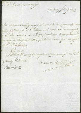 Carta de Casimiro de Loizaga dirigida a Ramón María de Moya.