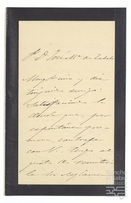 Carta de Andrés de Egoscozábal a José María de Zavala Ortés de Velasco.