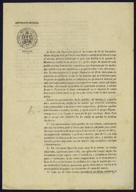 Circular de la Diputación General de Vizcaya relativa a los gastos de los cupos de mozos que cada pueblo debía aportar para la Guerra de Marruecos.