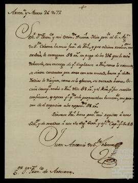 Carta de Juan Antonio de Santa Coloma a Francisco Antonio de Artecona.