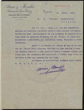 Carta de Arrese y Mendía, sucesores de Juan de Garay, dirigida a Tiburcio Arechavaleta.