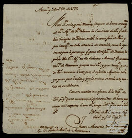 Carta de Juan Antonio de Santa Coloma a Francisco Antonio de Artecona.