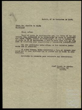 Correspondencia entre José Miguel de Azaola Urigüen y el Alcalde de Gijón.