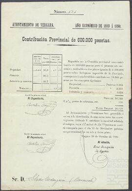 Aviso del Ayuntamiento de Vergara dirigido a Eladio de Urdangarín para el pago de la contribución provincial.