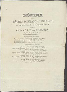 Nómina de Diputados Generales nombrados en la Junta General celebrada en Guetaria el 2 de julio de 1859.