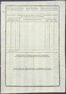 Formulario de hoja de servicios del Real Cuerpo de Artillería.