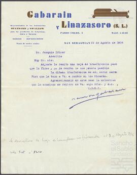 Carta de Ramón Gabaráin dirigida a Joaquín de Yrízar.