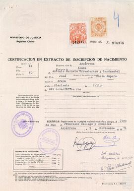 Certificación de la inscripción del nacimiento de Andoni Urrestarazu.