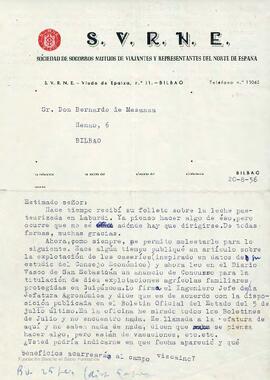 Carta de un miembro de la Sociedad de Socorros Mutuos de Viajantes y Representantes del Norte de España dirigida a Bernardo de Mesanza
