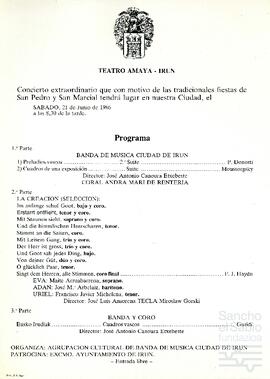 Programa del concierto extraordinario con motivo de las fiestas de San Pedro y San Marcial de Irún.