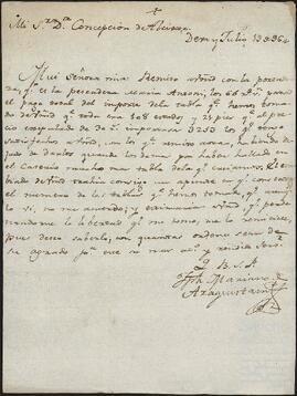 Carta de José Mariano de Araquistáin dirigida a Concepción de Alcíbar.