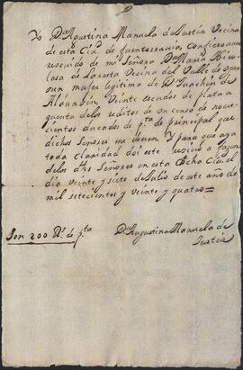 Recibos y carta de pago dados en favor de Joaquín de Alduncín y María Nicolasa de Larreta.