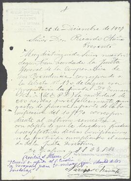 Cartas de la Sociedad Cooperativa La Asunción dirigidas a Ricardo Otaño.